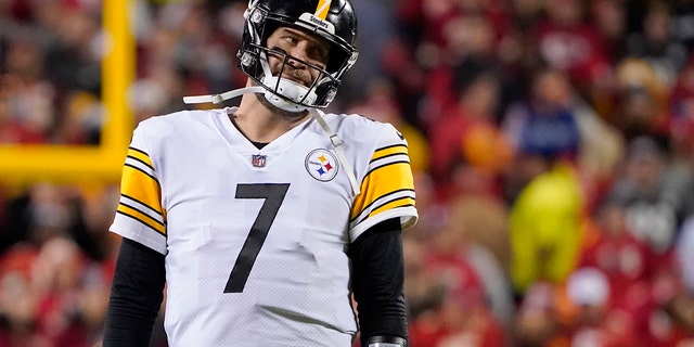 Pittsburgh Steelers quarterback Ben Roethlisberger reacts to a penalty call during the second half of an NFL football game at Kansas City Chiefs Sunday, Dec. 26, 2021, in Kansas City, Missouri.