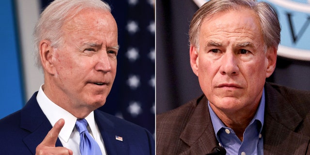 President Biden, left, speaks in the Eisenhower Executive Office Building in Washington, Oct. 8, 2021. At right, Texas Gov. Greg Abbott is seen inside the Texas Statehouse in Austin, July 10, 2021.