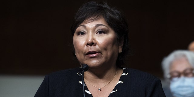 Regina Rodriguez, U.S. judge for the District of Colorado nominee for President Biden, speaks during a Senate Judiciary Committee confirmation hearing in Washington, April 28, 2021.