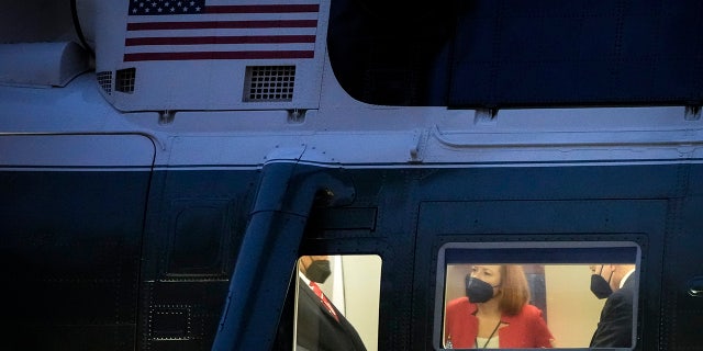 White House Press Secretary Jen Psaki and U.S. President Joe Biden sit in Marine One prior to lifting off on the South Lawn of the White House December 17, 2021 in Washington, DC. 