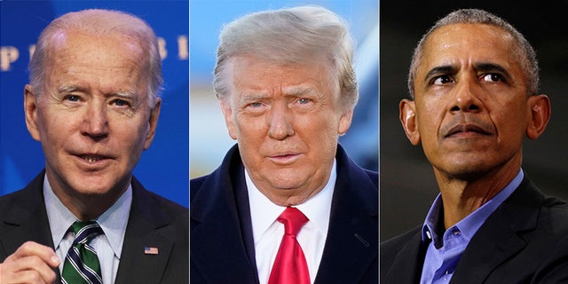 President Joe Biden, left, former President Donald Trump, center, and former President Barack Obama, right