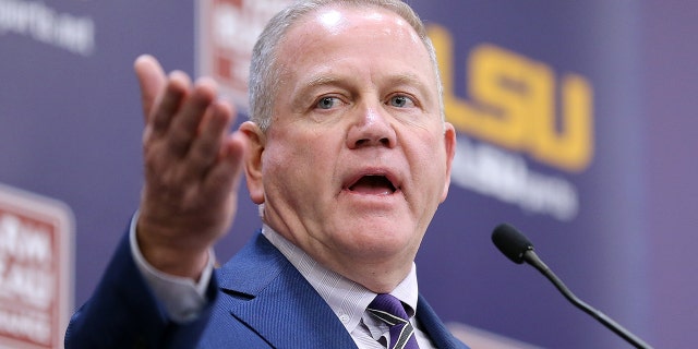 Brian Kelly speaks after being introduced as the head football coach of the LSU Tigers during a news conference at Tiger Stadium on December 01, 2021 in Baton Rouge, Louisiana.