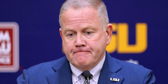 BATON ROUGE, LOUISIANA - DECEMBER 01: Brian Kelly speaks after being introduced as the head football coach of the LSU Tigers during a news conference at Tiger Stadium on December 01, 2021 in Baton Rouge, Louisiana. 