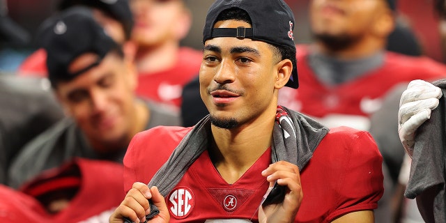 ATLANTA, GEORGIA - DECEMBER 04: Bryce Young #9 of the Alabama Crimson Tide celebrates after a win against the Georgia Bulldogs in the SEC Championship game at Mercedes-Benz Stadium on December 04, 2021 in Atlanta, Georgia.