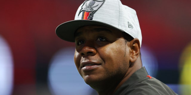Offensive coordinator Byron Leftwich of the Tampa Bay Buccaneers looks on prior to a game against the Atlanta Falcons at Mercedes-Benz Stadium Dec. 5, 2021, ad Atlanta.