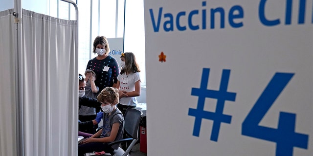 File-Graham Roark, 8, received a Pfizer COVID-19 vaccine for children ages 5-11 from Virginia Scheffler, a registered nurse at Lurie Children's Hospital, at a hospital in Chicago on November 5, 2021.  (AP Photo / Nam Y. Huh, File)
