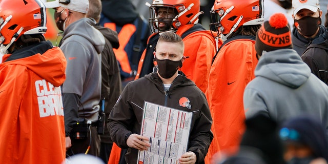 Tight end coach Callie Brownson of the Cleveland Browns looks on in the second quarter against the New York Jets on Dec. 27, 2020, in East Rutherford, New Jersey.