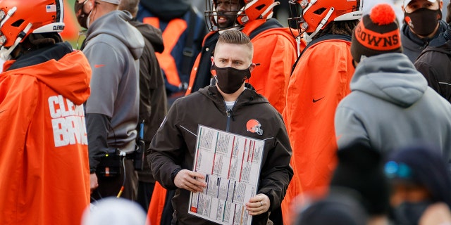 Tight end coach Callie Brownson of the Cleveland Browns looks on in the second quarter against the New York Jets on Dec. 27, 2020, in East Rutherford, New Jersey.