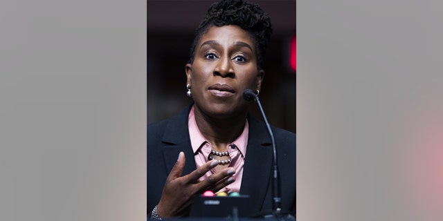 Candace Jackson-Akiwumi, U.S. circuit judge for the seventh circuit nominee for President Biden, speaks during a Senate Judiciary Committee confirmation hearing in Washington, April 28, 2021. 