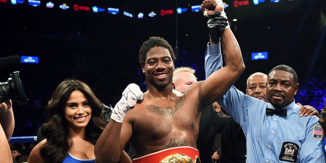 Charles Martin celebrates after winning against Vyacheslav Glazkov of the Ukraine in their IBF World Heavyweight Championship bout at Barclay's Center in New York's borough of Brooklyn on Jan. 16, 2016.