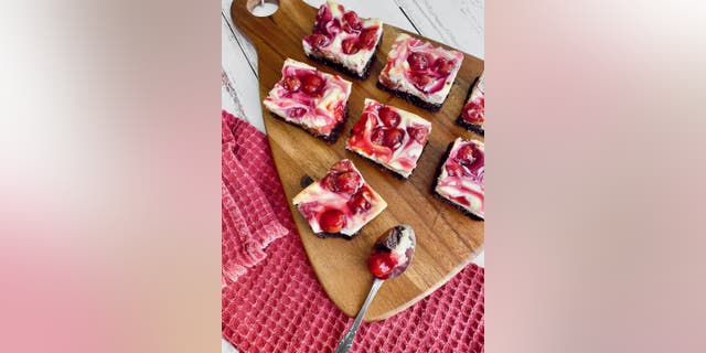 Bake the cherry cheesecake brownie at 325 degrees for 45 minutes.