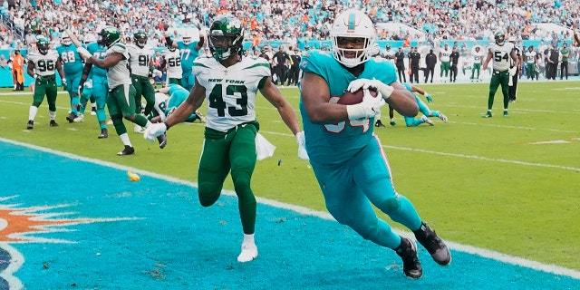 Il difensore dei Miami Dolphins Christian Wilkins (94) segna un touchdown dopo il linebacker dei New York Jets Del'Shawn Phillips (43) ha saltato un placcaggio durante la seconda metà di domenica, Dic. 19, 2021, a Miami Gardens, Fla.
