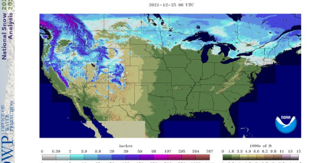 A map shows the areas of the United States with snow on the ground on Christmas Day, 2021. (National Oceanic and Atmospheric Administration)