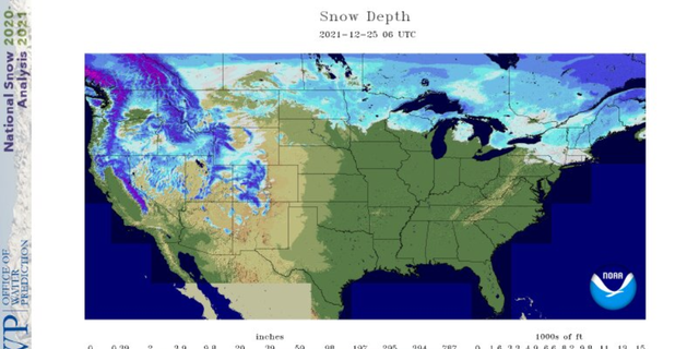 A map shows the areas of the United States with snow on the ground on Christmas Day, 2021. (National Oceanic and Atmospheric Administration)