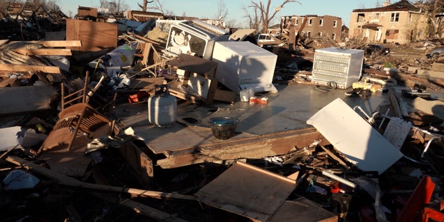 Dining table remains following a tornado in Mayfield