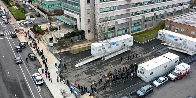 An aerial view of a long line is seen at a Covid-19 testing center next to the Queens Hospital Center as hundreds of residents get Covid-19 tests. (Photo by Tayfun Coskun/Anadolu Agency via Getty Images)
