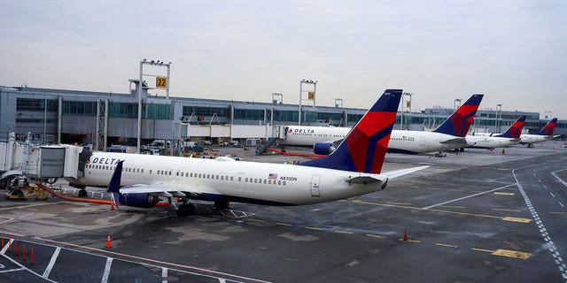 Delta airplanes are seen at John F Kennedy International Airport after the airlines announced that several flights were canceled during the spread of the Omicron coronavirus version on Christmas Eve in Queens, New York City, US, December 24, 2021 .