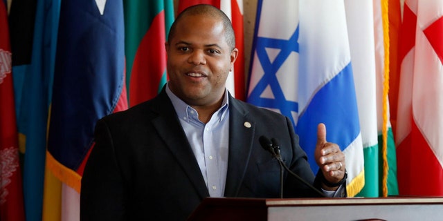 This April 22, 2020, file photo shows Dallas Mayor Eric Johnson responding to a question during a news conference at City Hall in Dallas. Johnson has formed a committee to investigate why a police officer remained on active duty for more than a year and a half after he was implicated in two 2017 killings. 