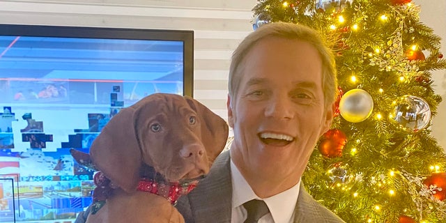 Anchor Bill Hemmer holding Percy.