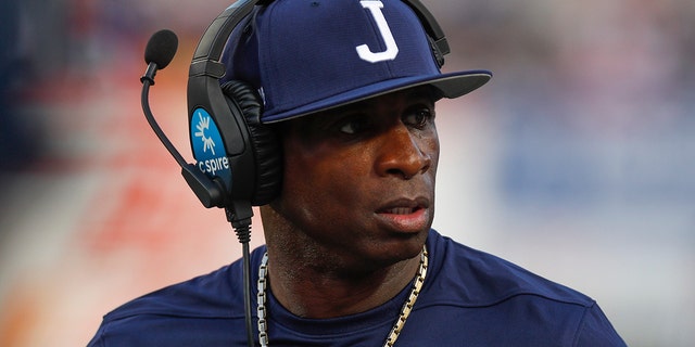 Jackson State head coach Deion Sanders on the sideline during the Southern Heritage Classic against Tennessee State University at Liberty Bowl Memorial Stadium in Memphis on Sept. 11, 2021.