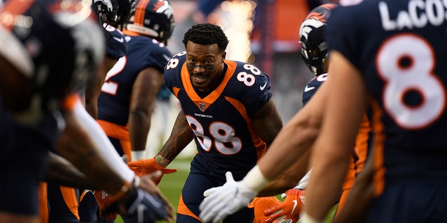 Demaryius Thomas (88) of the Denver Broncos is introduced before a game at Mile High in Denver, Colo., Oct. 1, 2018.