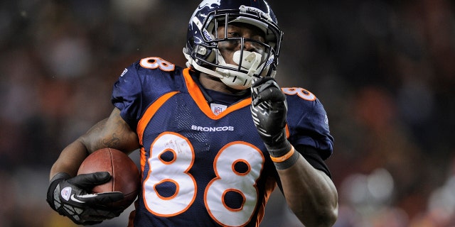 Denver Broncos wide receiver Demaryius Thomas runs on his way to scoring the winning touchdown in overtime during their NFL AFC wildcard playoff football game against the Pittsburgh Steelers in Denver, Colorado, January 8, 2012.