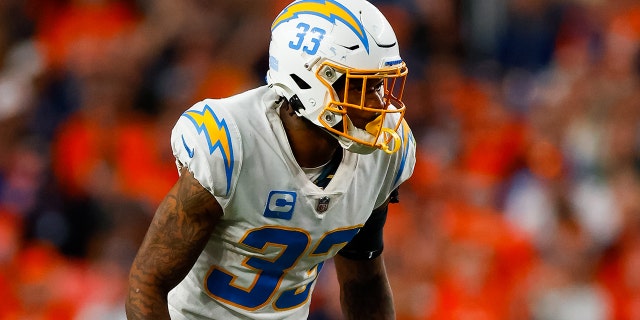 Free safety Derwin James of the Los Angeles Chargers defends during the second half against the Denver Broncos at Empower Field at Mile High on Nov. 28, 2021, in Denver, Colorado.