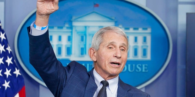 Dr. Anthony Fauci, Director of the National Institute of Allergy and Infectious Diseases, speaks at a daily briefing at the White House.