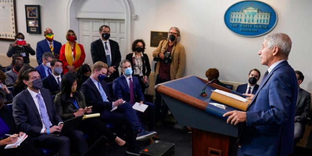 Dr. Anthony Fauci, director of the National Institute of Allergy and Infectious Diseases, speaks during the daily briefing at the White House in Washington, Wednesday, Dec. 1, 2021. 