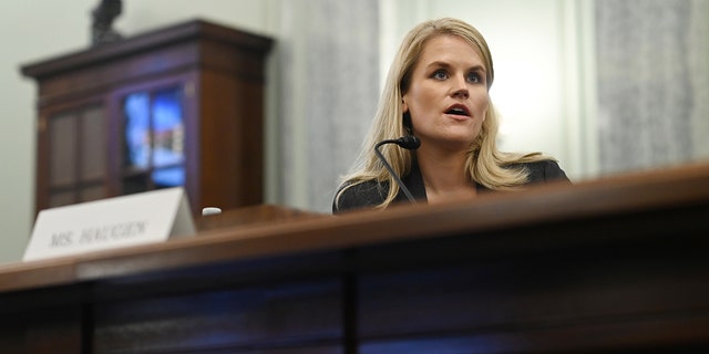 WASHINGTON, DC - OCTOBER 05: Facebook whistleblower, Frances Haugen appears before the Senate Commerce, Science, and Transportation Subcommittee during a hearing entitled 'Protecting Kids Online: Testimony from a Facebook Whistleblower' at the Russell Senate Office Building on October 05, 2021 in Washington, DC. (Photo by Matt McClain-Pool/Getty Images)