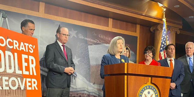 Sen. Joni Ernst, R-Iowa and several other GOP senators attacked the childcare provisions in Democrats' massive reconciliation spending bill in a press conference on Wednesday, Dec. 15, 2021. (Tyler Olson/Fox News)