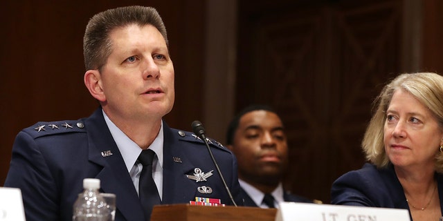 U.S. Air Force Space Command Vice Commander Lt. Gen. David Thompson, left, and retired Air Force Col. Pamela Melroy testify before the Senate Aviation and Space Subcommittee in the Dirksen Senate Office Building on Capitol Hill in Washington, D.C., on May 14, 2019.