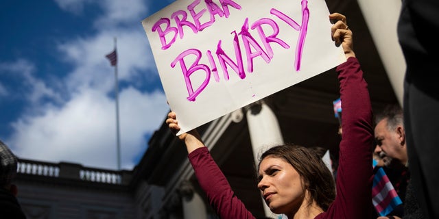 纽约, 新 - OCTOBER 24: L.G.B.T. activists and their supporters rally in support of transgender people on the steps of New York City Hall, 十月 24, 2018 在纽约市. (德鲁·安格勒/盖蒂图片社摄)