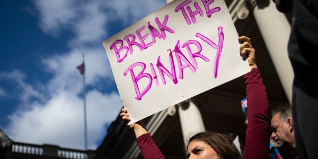 LGBTQ activists and their supporters rally in support of transgender people on the steps of New York City Hall, October 24, 2018, in New York City.