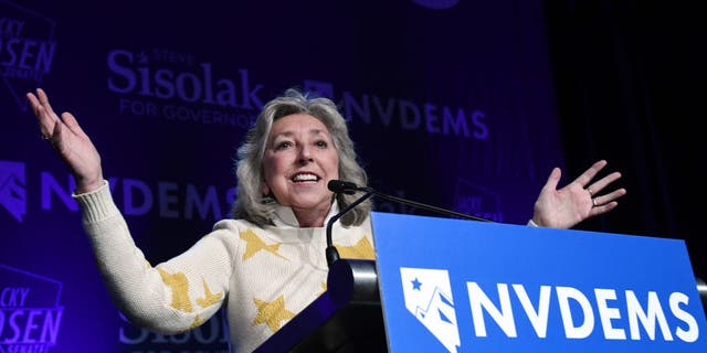 Rep. Dina Titus D-Nev., speaks at the Nevada Democratic Party's election results watch party after winning her race against Republican challenger Joyce Bentley at Caesars Palace on November 6, 2018, in Las Vegas, Nevada.