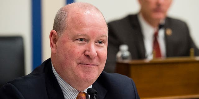 Rep. Larry Bucshon, R-Ind., speaks during the 2019 Congressional Hockey Caucus Briefing during NHL Hockey Day On The Hill at Rayburn House Office Building on Feb. 6, 2019 in Washington, D.C. (Patrick McDermott/NHLI via Getty Images)