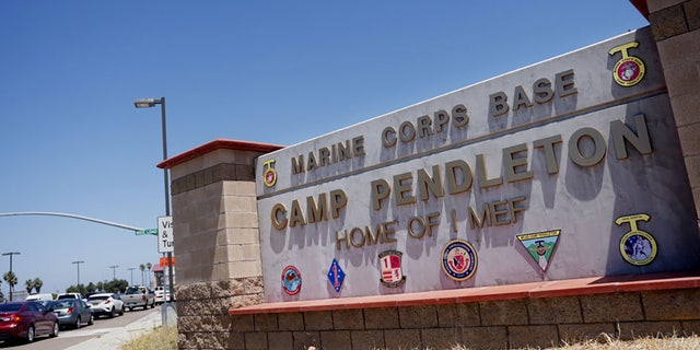 View of the main entrance to Camp Pendleton on July 26, 2019 in Oceanside, California. (Photo by Sandy Huffaker/Getty Images)