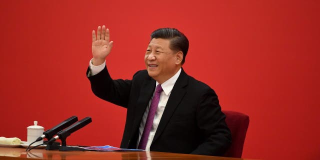 Chinese President Xi Jinping speaks from the Great Hall of the People.