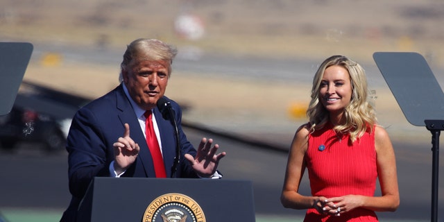 Former President Donald Trump introduces Kayleigh McEnany during 2020 campaign rally on October 19, 2020, in Prescott, Arizona. 