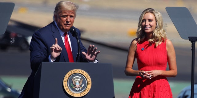 Former President Donald Trump introduces Kayleigh McEnany during 2020 campaign rally on October 19, 2020, in Prescott, Arizona.