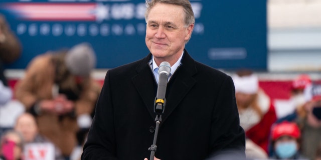 Then-Senator David Perdue speaks at a campaign event on December 17, 2020 in Columbus, Georgia.  (Photo by Elijah Nouvelage/Getty Images)