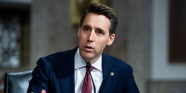 WASHINGTON, DC - APRIL 28: Sen. Josh Hawley, R-Mo., asks a question during the Senate Judiciary Committee confirmation hearing in Dirksen Senate Office Building on April 28, 2021 in Washington, DC. Ketanji Brown Jackson, nominee to be U.S. Circuit Judge for the District of Columbia Circuit, and Candace Jackson-Akiwumi, nominee to be U.S. Circuit Judge for the Seventh Circuit, testified on the first panel. (Photo By Tom Williams-Pool/Getty Images)