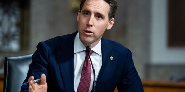 WASHINGTON, DC - APRIL 28: Sen. Josh Hawley, R-Mo., asks a question during the Senate Judiciary Committee confirmation hearing in Dirksen Senate Office Building on April 28, 2021 in Washington, DC. Ketanji Brown Jackson, nominee to be U.S. Circuit Judge for the District of Columbia Circuit, and Candace Jackson-Akiwumi, nominee to be U.S. Circuit Judge for the Seventh Circuit, testified on the first panel. (Photo By Tom Williams-Pool/Getty Images)