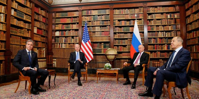 Secretary of State Antony Blinken, President Biden, Russia's President Vladimir Putin and Russia's Foreign Minister Sergei Lavrov meet at the 'Villa la Grange' in Geneva on June 16, 2021. 