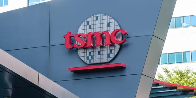 The TSMC logo seen on the Taiwanese semiconductor contract manufacturing and design company building in Hsinchu. 