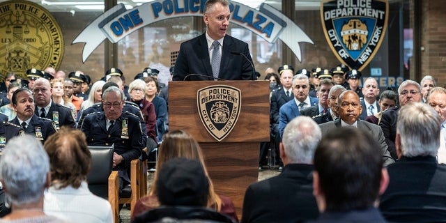 Police Commissioner Dermot Shea speaks during a memorial ceremony at One Police Plaza. 