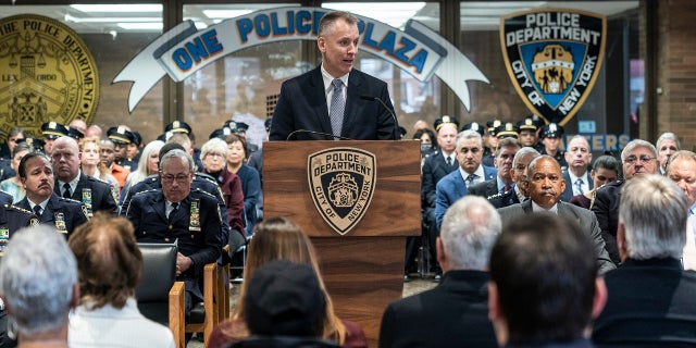 Police Commissioner Dermot Shea speaks during a memorial ceremony at One Police Plaza.