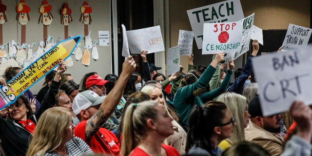 Yorba Linda, CA, Tuesday, November 16, 2021 - An even mix of proponents and opponents to teaching Critical Race Theory are in attendance as the Placentia Yorba Linda School Board discusses a proposed resolution to ban it from being taught in schools.  Robert Gauthier/Los Angeles Times via Getty Images)