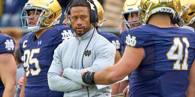 Notre Dame Fighting Irish defensive coordinator Marcus Freeman looks on during a game between the Notre Dame Fighting Irish and the Georgia Tech Yellow Jackets on Nov. 20, 2021 at Notre Dame Stadium, in South Bend, Indiana.