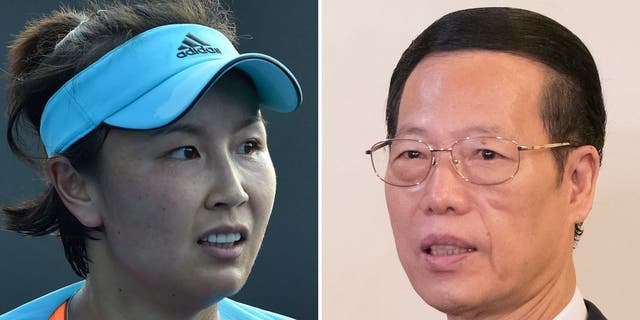 Tennis player Peng Shuai of China (left) during her women's singles first-round match at the Australian Open tournament in Melbourne on Jan. 16, 2017; Chinese Vice Premier Zhang Gaoli during a visit to Russia at the Saint Petersburg International Investment Forum in Saint Petersburg on June 18, 2015. 